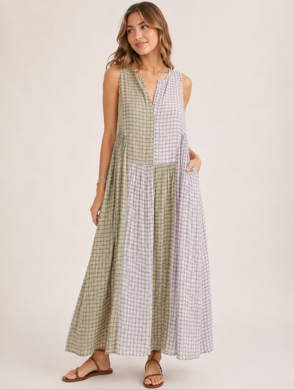 Pinnacle by Shruti Sancheti Patchwork Check Cotton Maxi Dress Size Small
